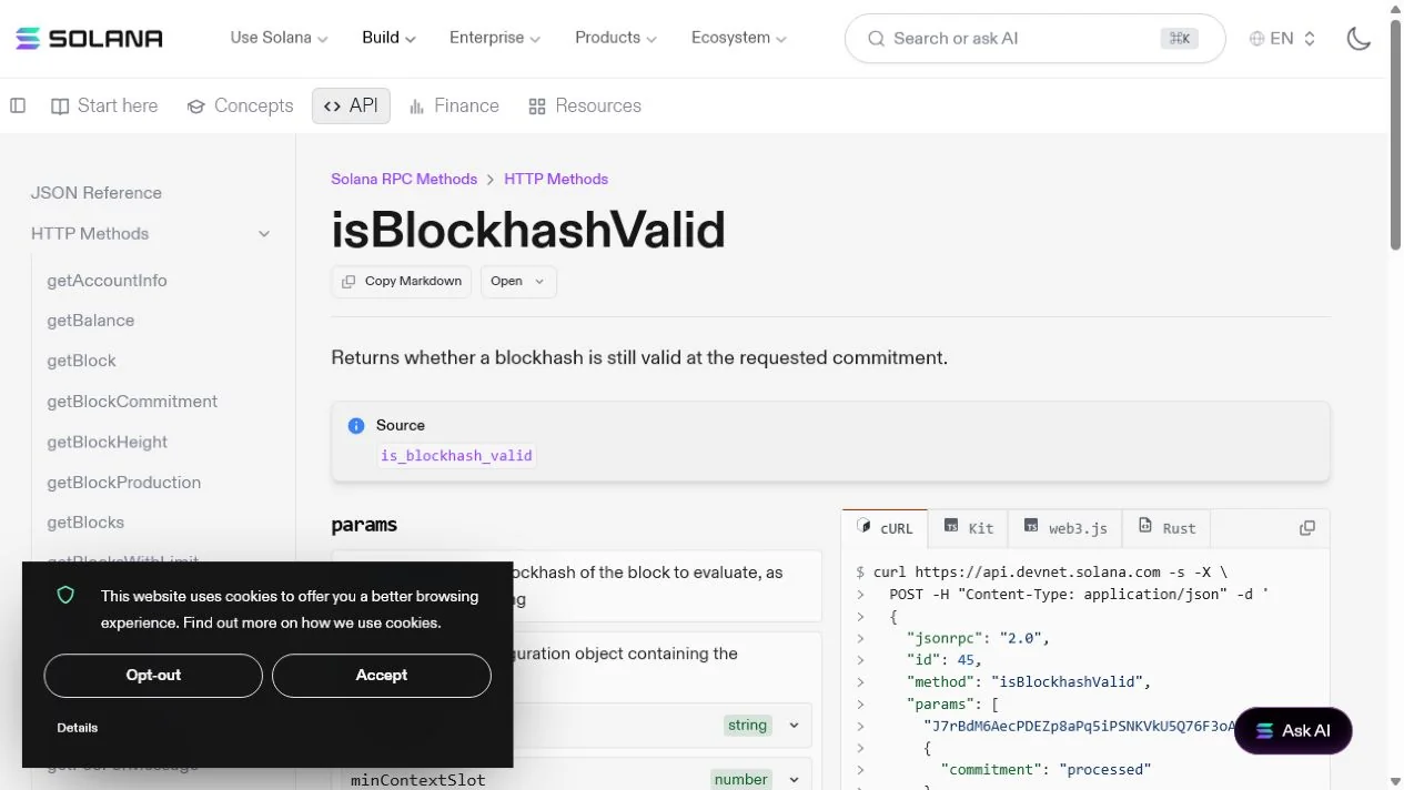 Solana isBlockhashValid rəsmi RPC sənəd səhifəsinin ekran görüntüsü