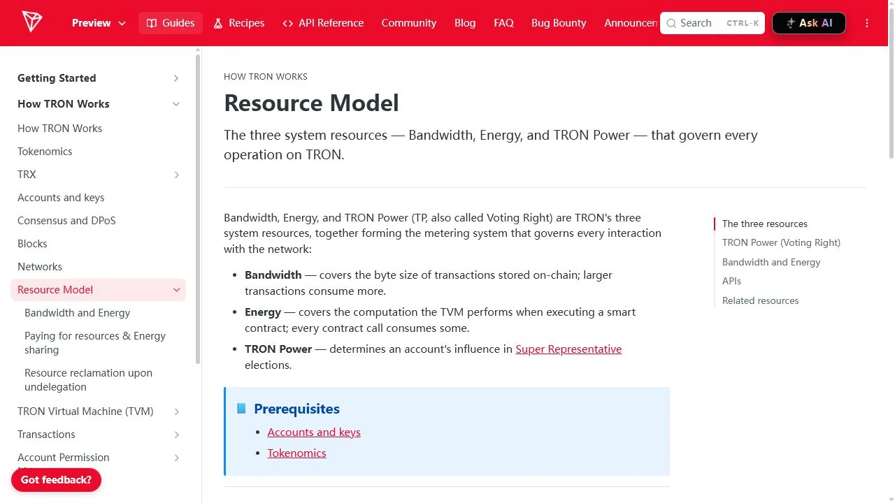 TRON Developer Hub 的 Resource Model 官方文件頁面截圖